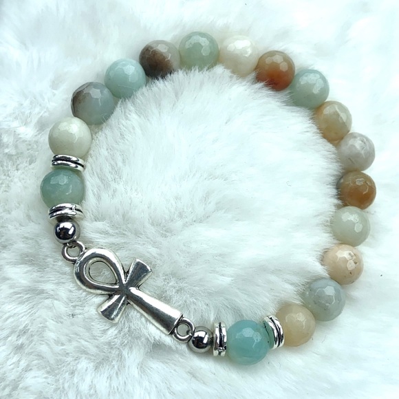 Genuine faceted amazonite gems ankh cross bracelet - Picture 4 of 12